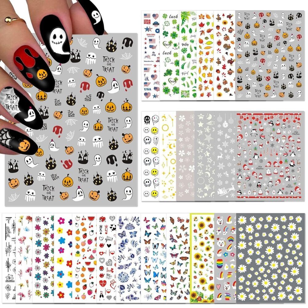 24 Sheets Holiday Nail Stickers, Halloween, Christmas, Fall, Valentine Mixed All